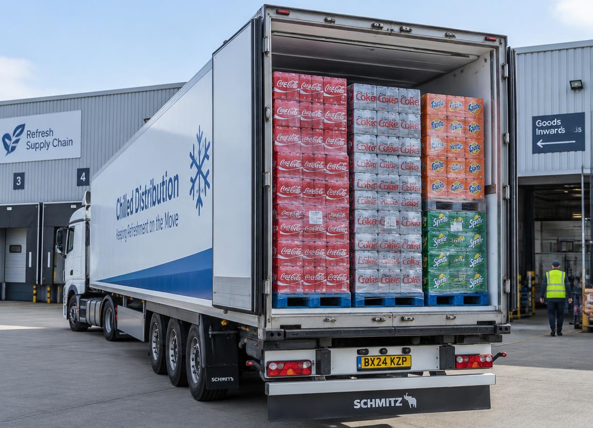 Refrigerated full-truck-load lorry loaded with soft drink pallets at a UK depot