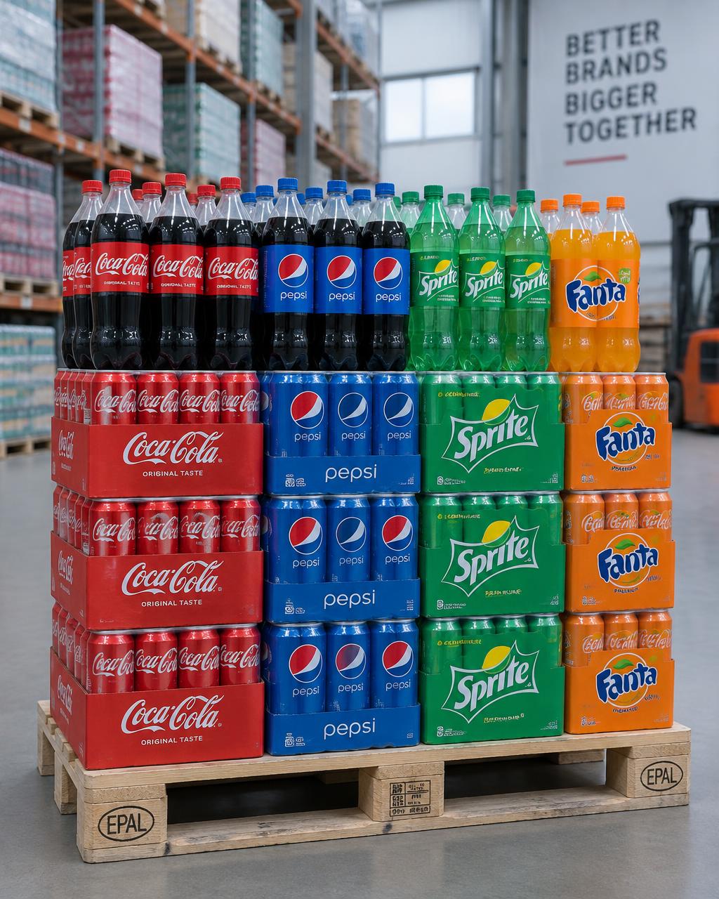Stacked pallets of branded soft drink cans and bottles ready for full-truck-load wholesale delivery